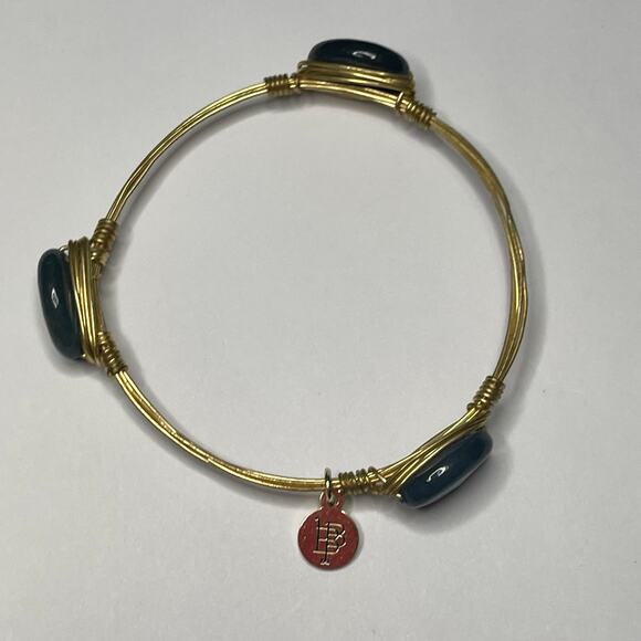 CBOURBON & BOWETIES gold tone bracelet deep blue faceted bangle wire wrapped - Picture 5 of 9